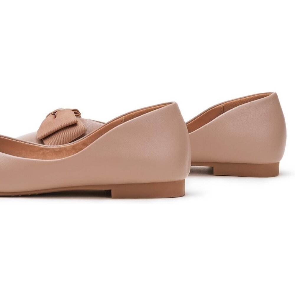 Women's Dark Tan Leather Square Toe Flats Ballet Loafers Layered Bow Shoes - Picture 3 of 6